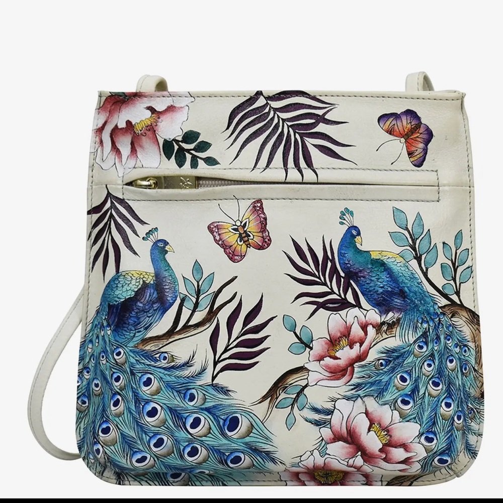 Anuschka Floral Peacock Print Cream Slim Crossbody Bag NWT - Picture 1 of 6